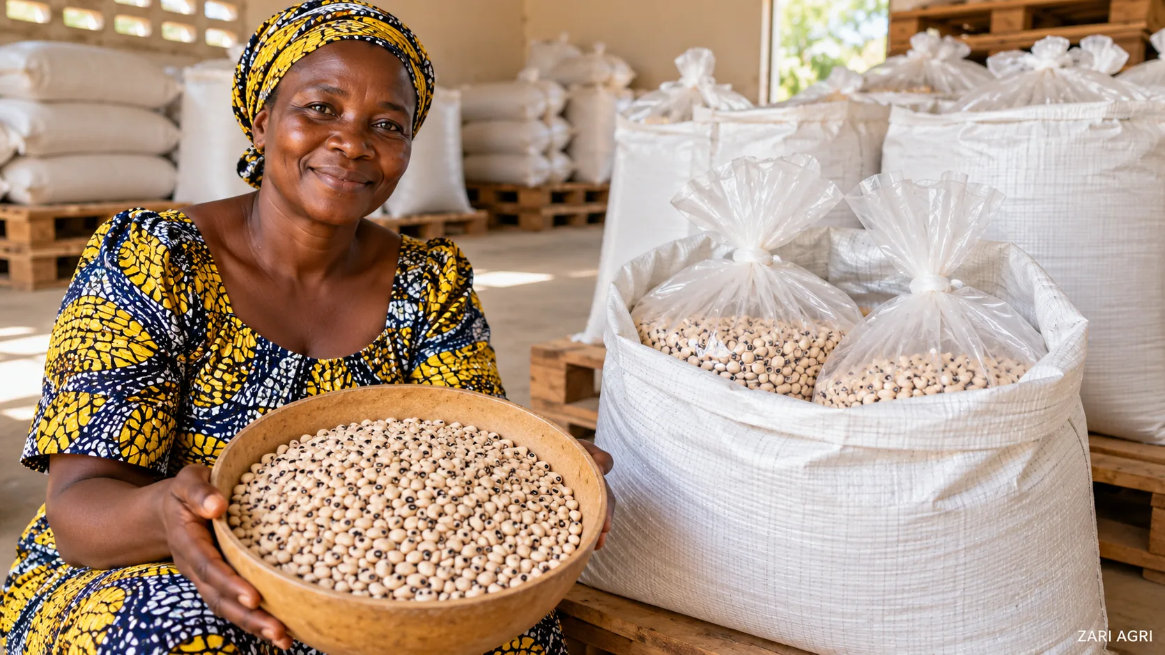Productrice présentant des grains de niébé près de sacs à plusieurs couches dans un magasin propre
