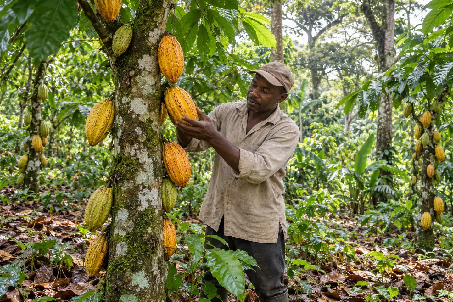 Illustration d’un producteur inspectant des cabosses de cacao dans une agroforêt camerounaise