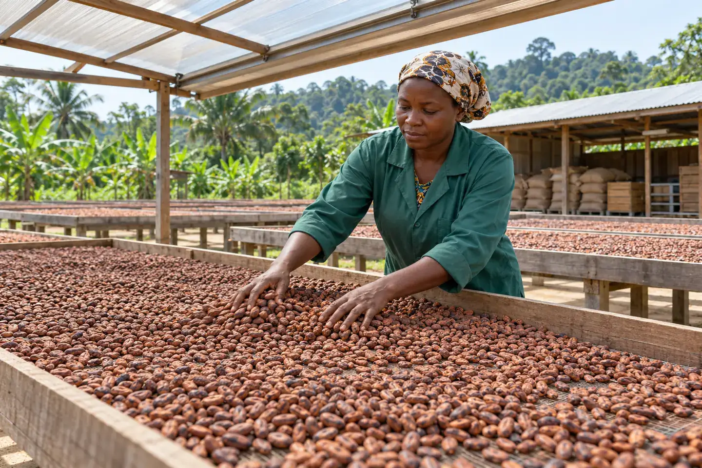 Illustration du retournement de fèves de cacao sur une table de séchage surélevée
