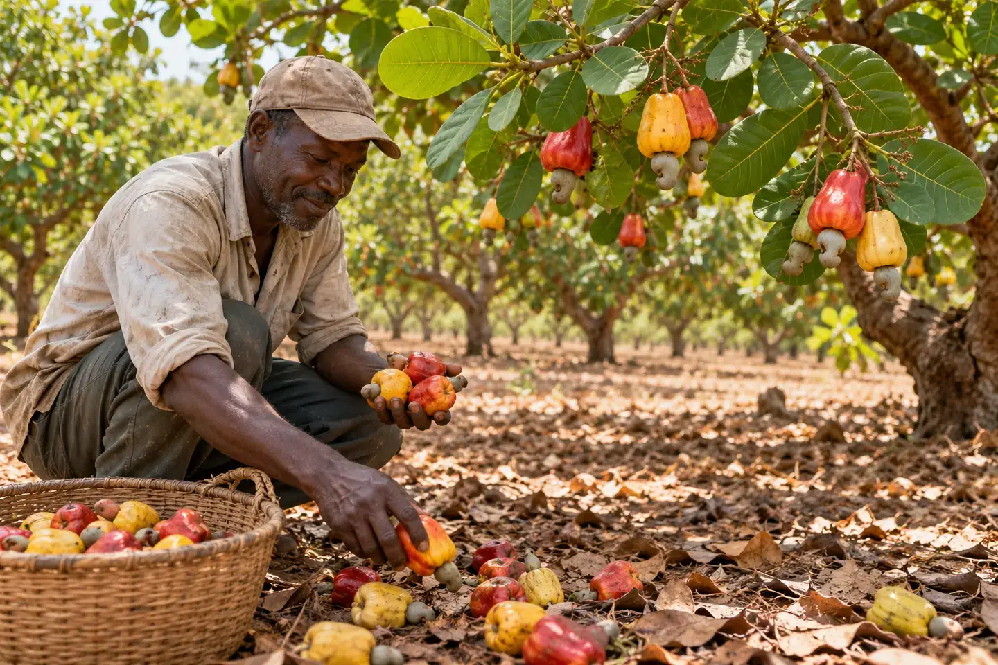 Illustration de la collecte de pommes et noix de cajou dans un verger de Casamance