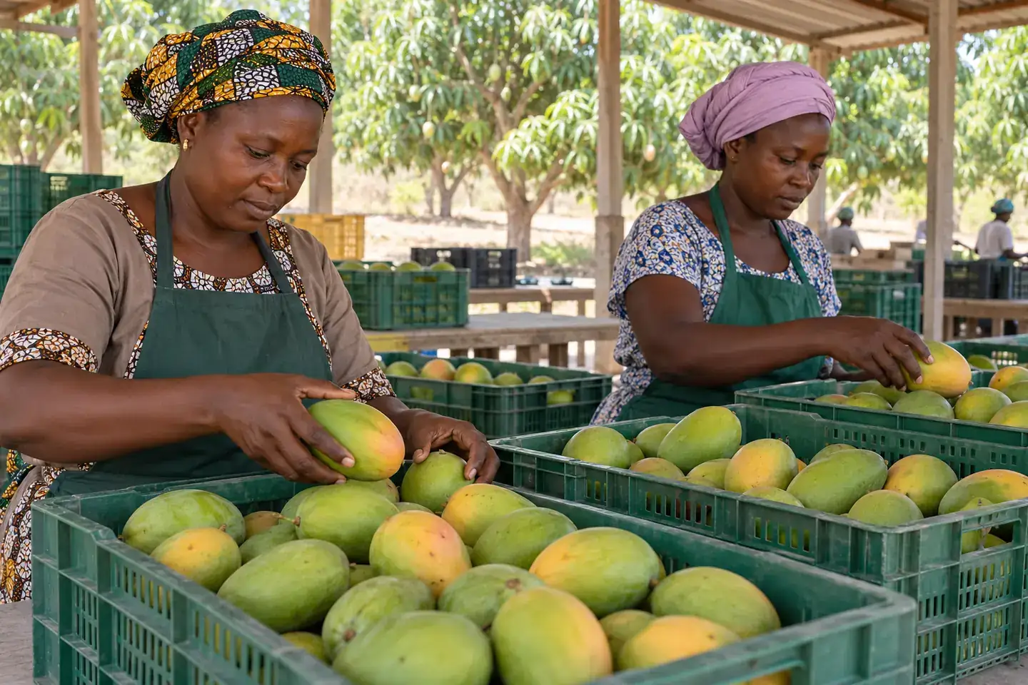 Illustration du tri de mangues en caisses dans une coopérative de Casamance