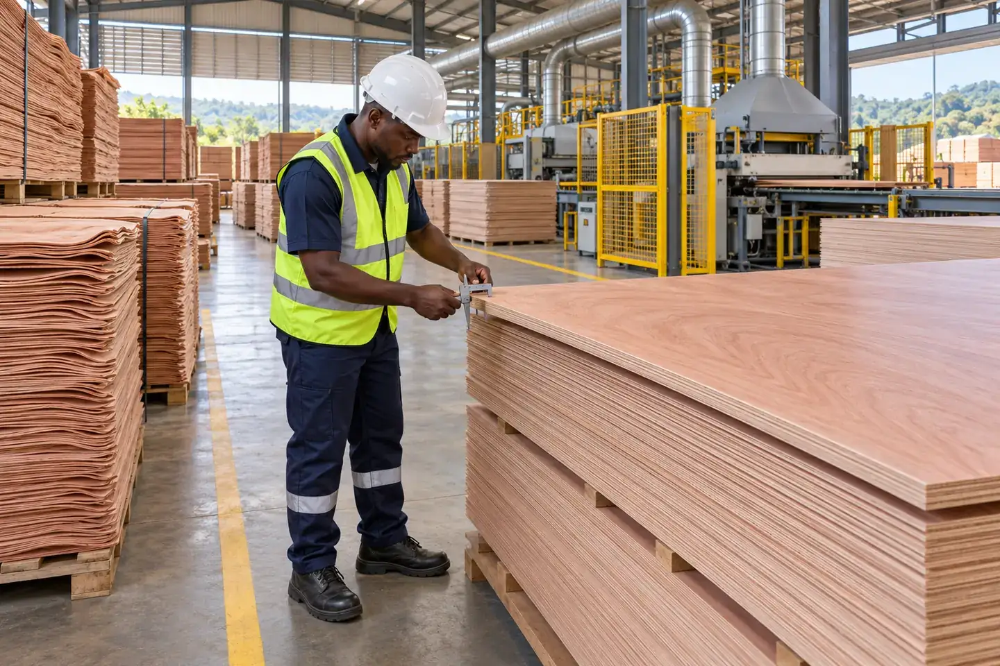 Illustration du contrôle de panneaux de bois dans une unité de transformation au Gabon