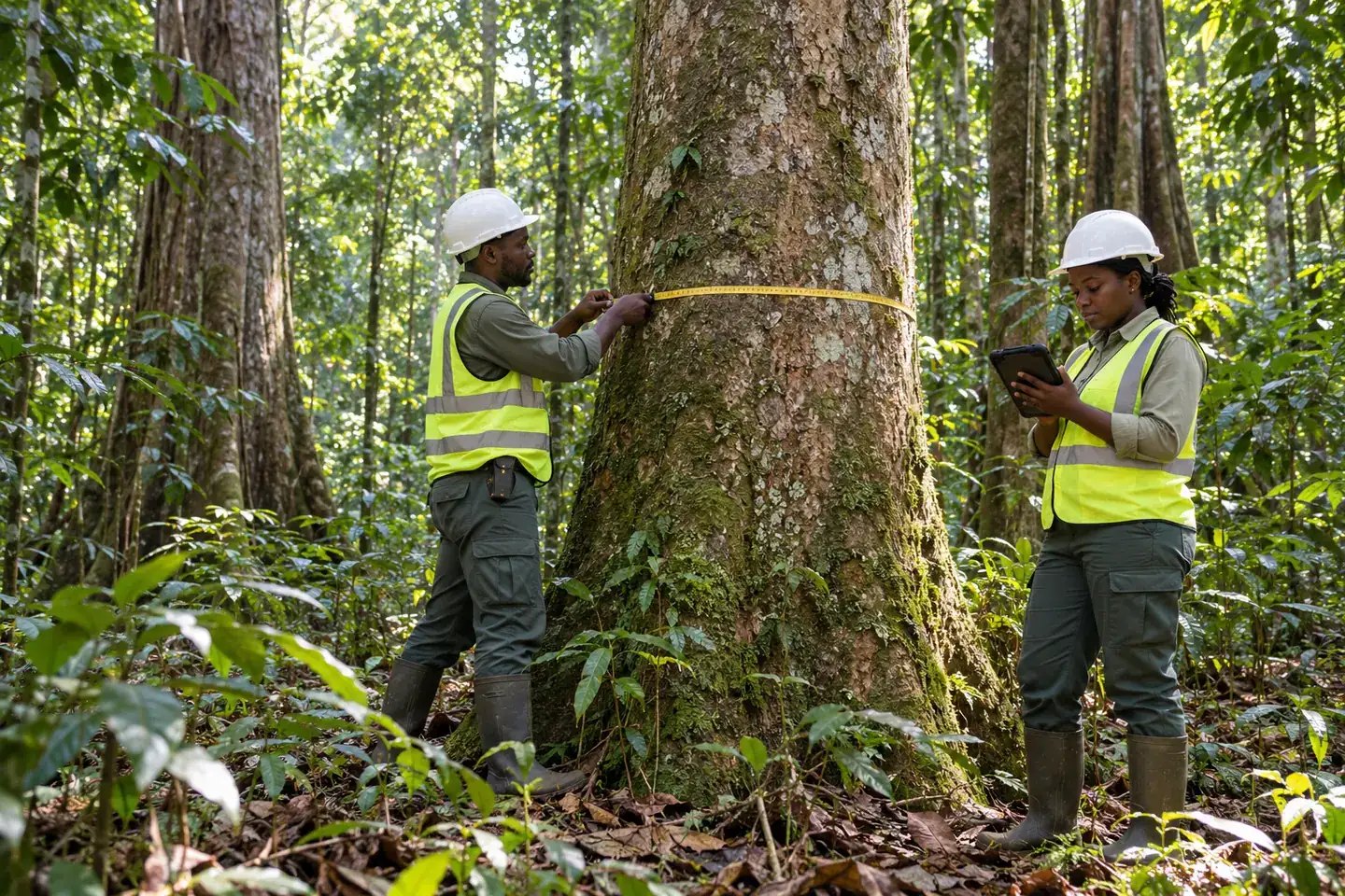 Illustration d’un inventaire d’arbres par des techniciens forestiers au Gabon
