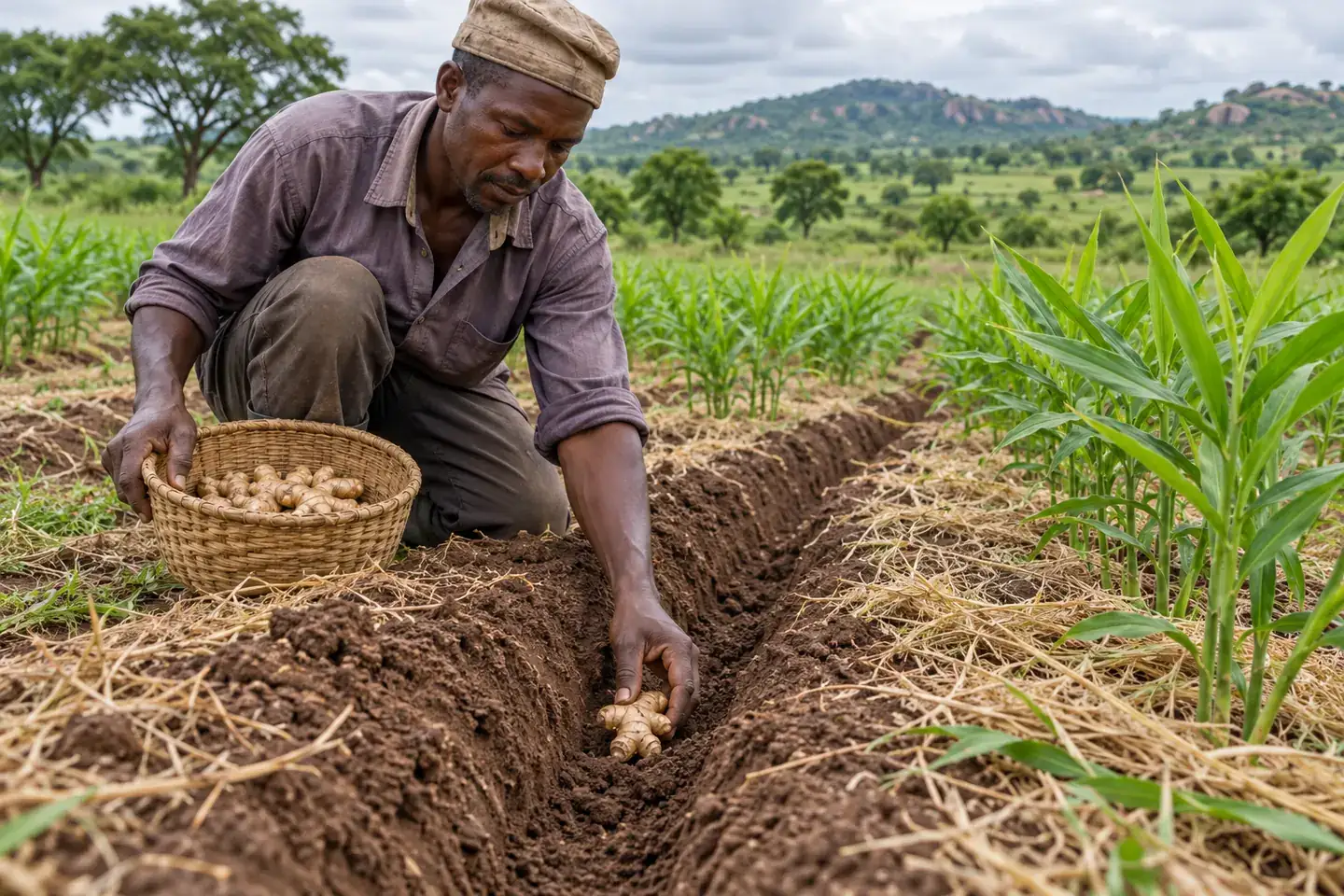 Illustration de la plantation de rhizomes de gingembre dans des planches drainées à Kaduna