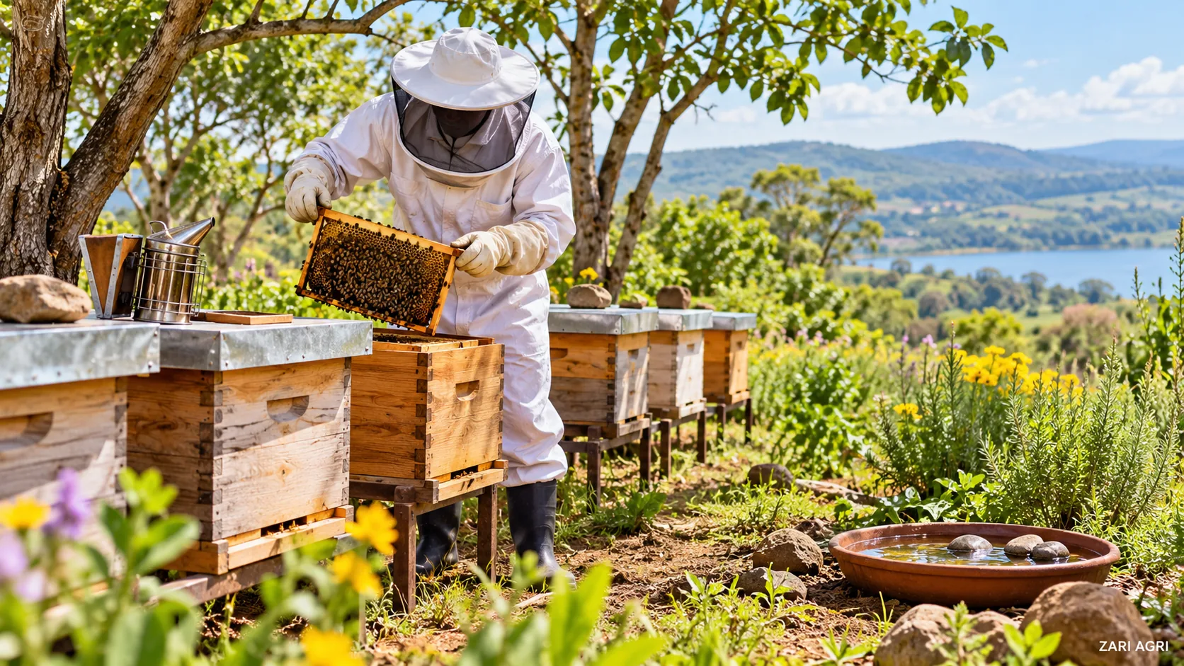 Beekeeper in protective clothing inspecting wooden hives under light tree shade