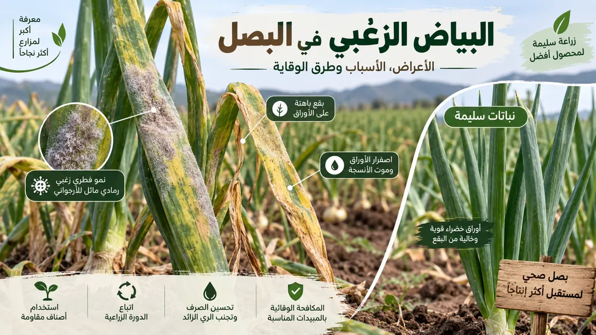 أعراض البياض الزغبي على أوراق البصل ومقارنة مع نباتات سليمة