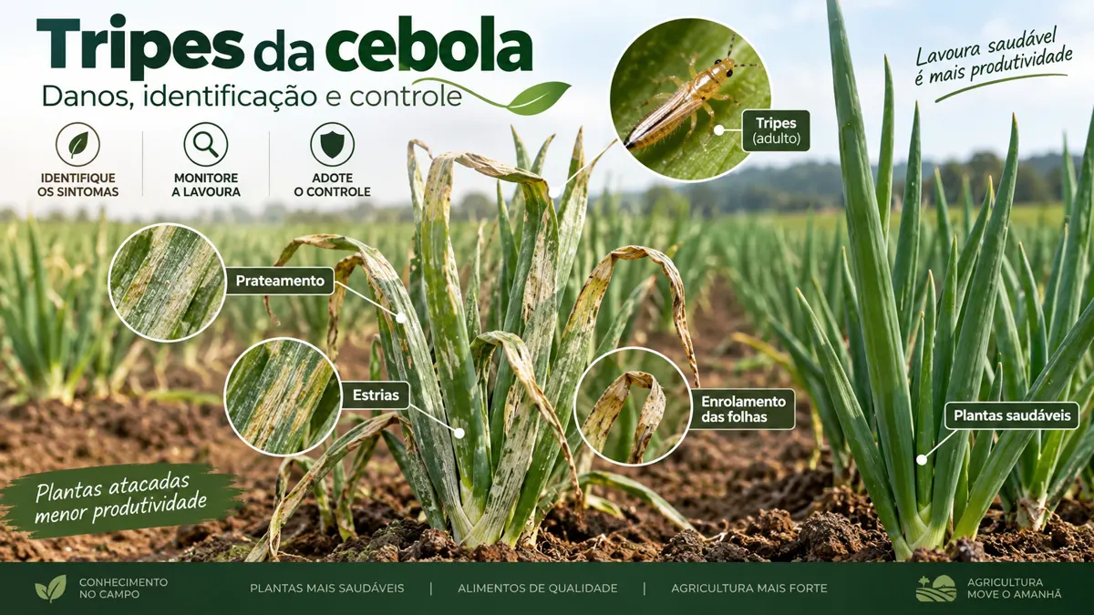 Folhas de cebola com prateamento e estrias causadas por tripes e plantas saudáveis