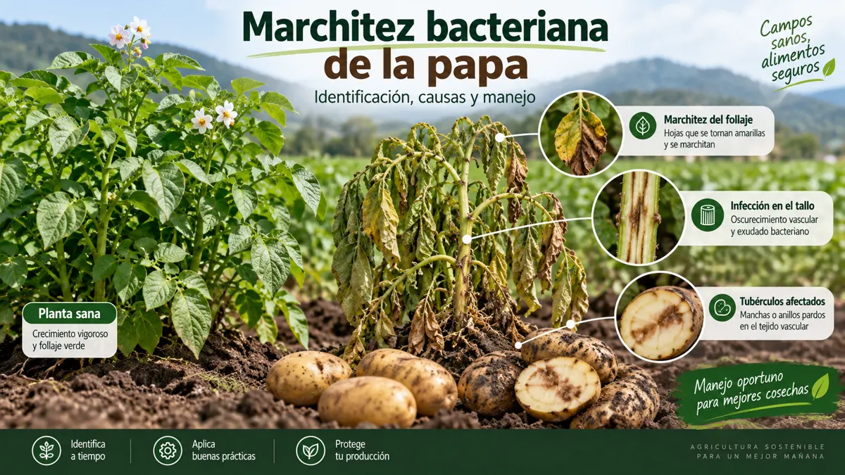 Papa con marchitez bacteriana, tallo con decoloración vascular y tubérculos afectados