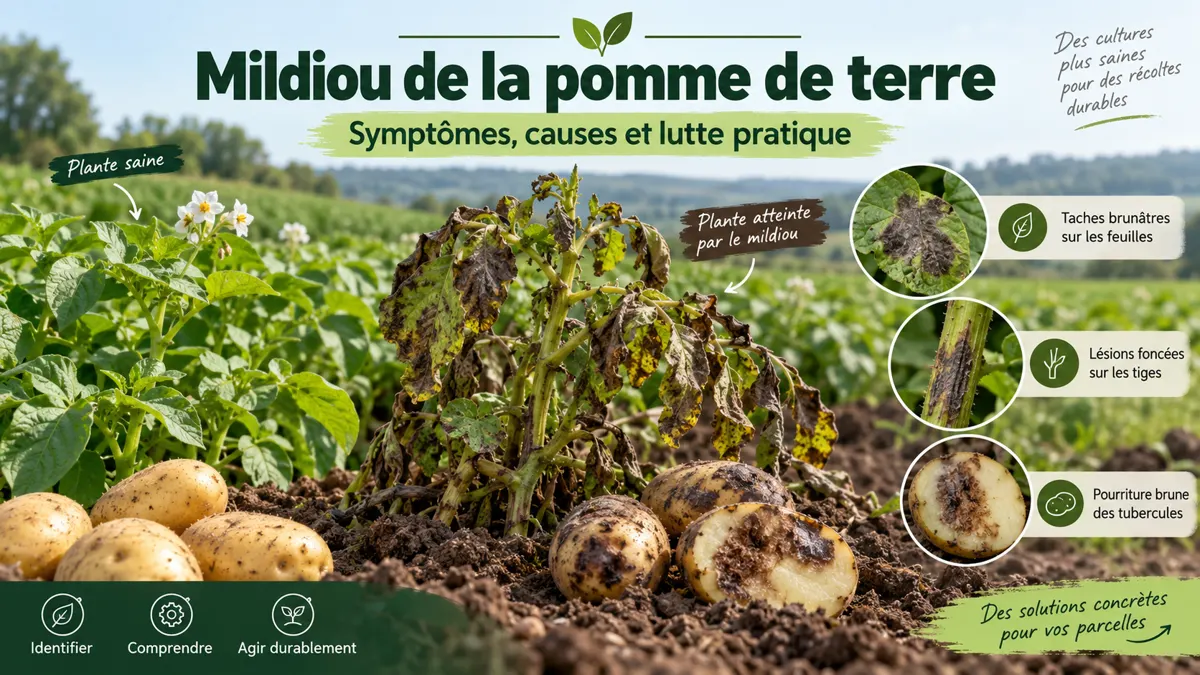 Plant de pomme de terre atteint de mildiou avec feuilles, tiges et tubercules touchés