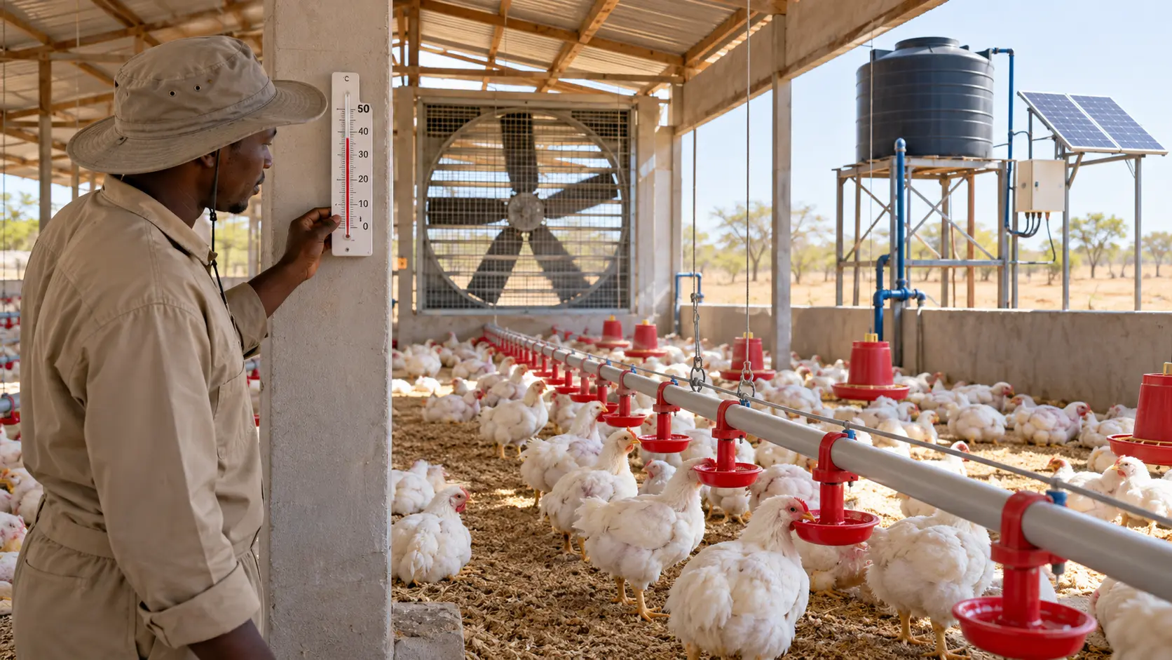 Prévention du stress thermique des poulets avec thermomètre, ventilation, eau et énergie solaire