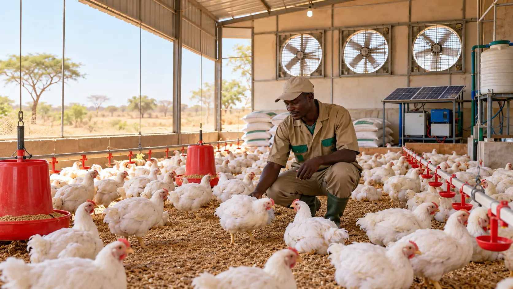 Éleveur contrôlant des poulets de chair dans un bâtiment ventilé au Mali
