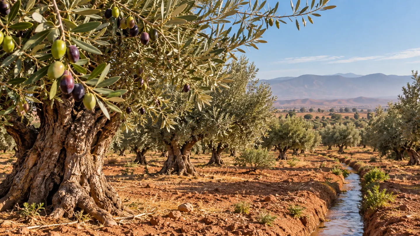 Ilustração de oliveiras e um canal de rega numa paisagem rural marroquina