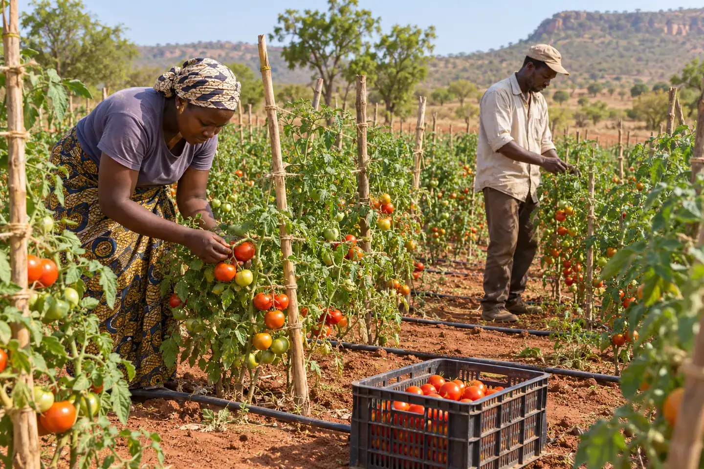 Illustration de producteurs contrôlant des tomates et un système de goutte-à-goutte à Sikasso