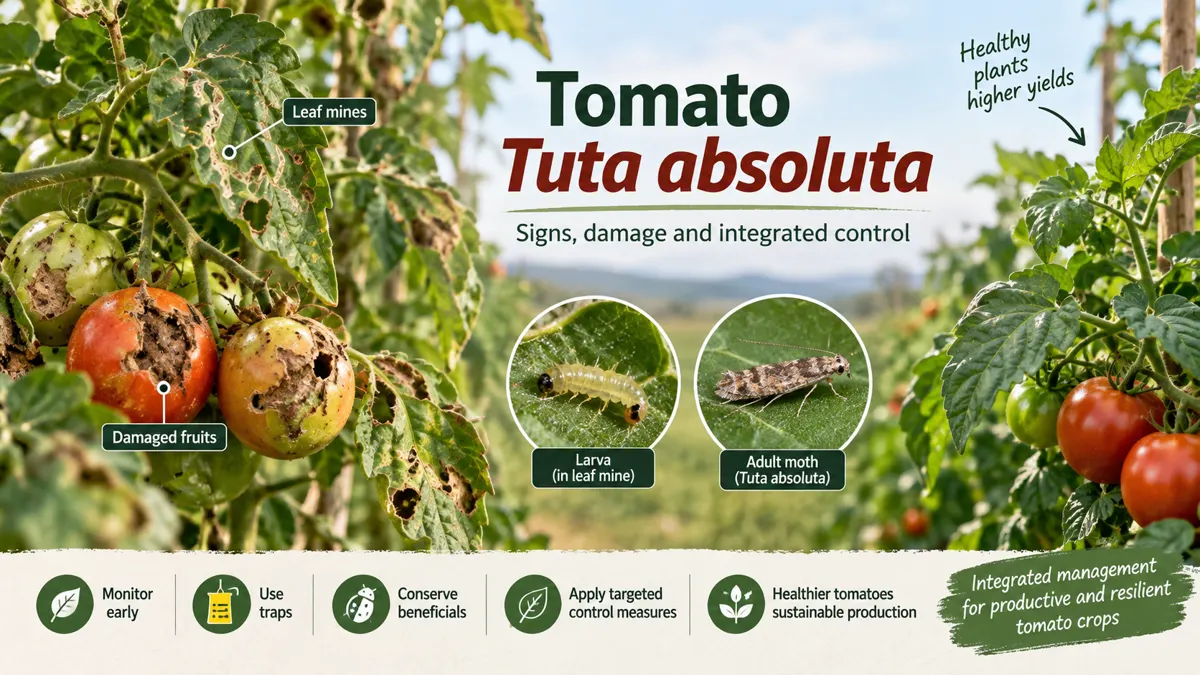Tomato crop showing Tuta absoluta leaf mines, damaged fruit, larva and adult moth