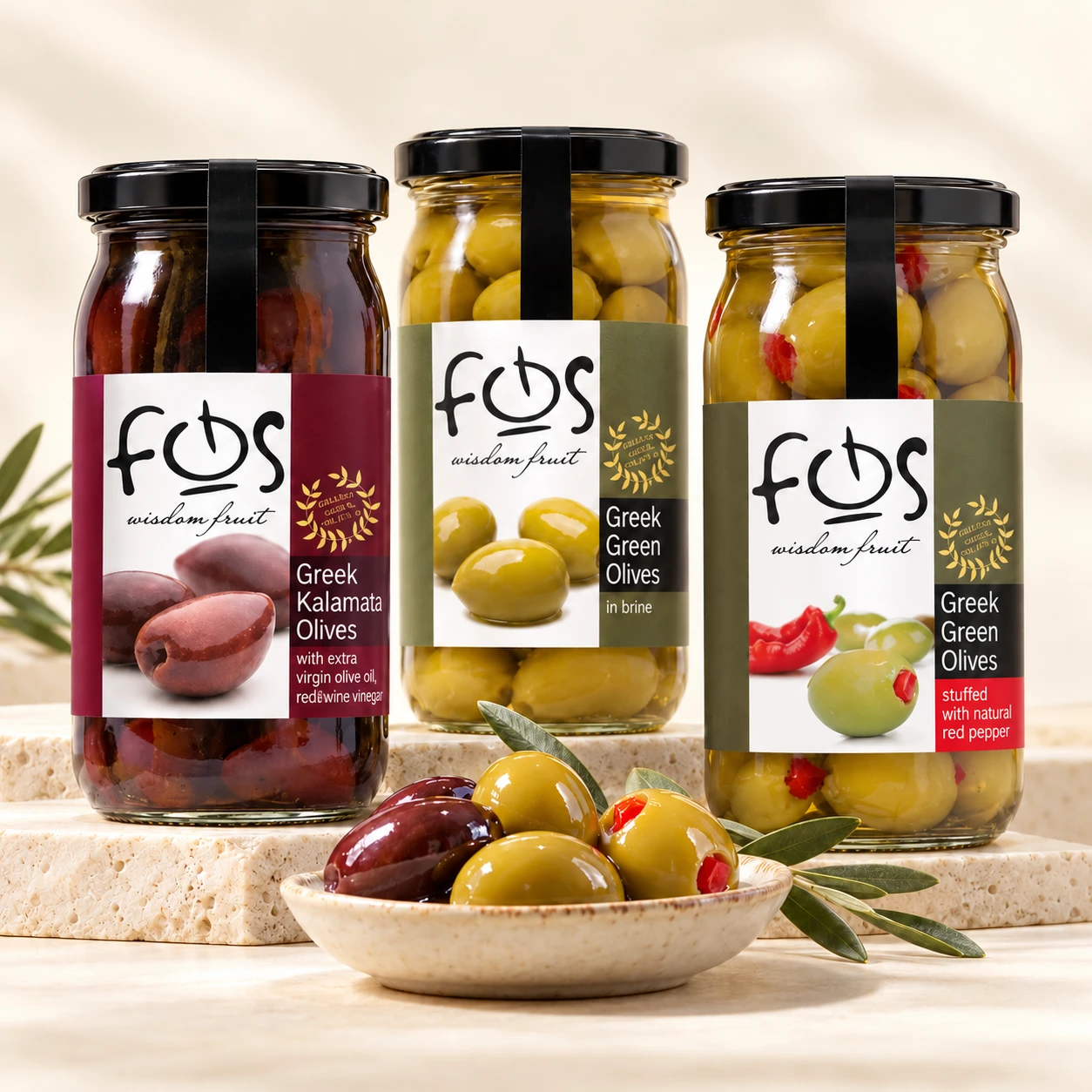 زيتون يوناني في مرطبانات — FOS — 360 g · 1 kg · 2 kg · 10 kg — Expoaid