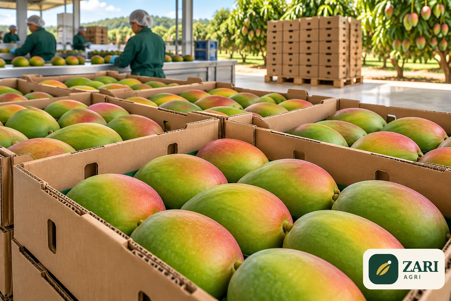 Ilustración de mangos en cajas ventiladas de exportación con logo ZARI AGRI.