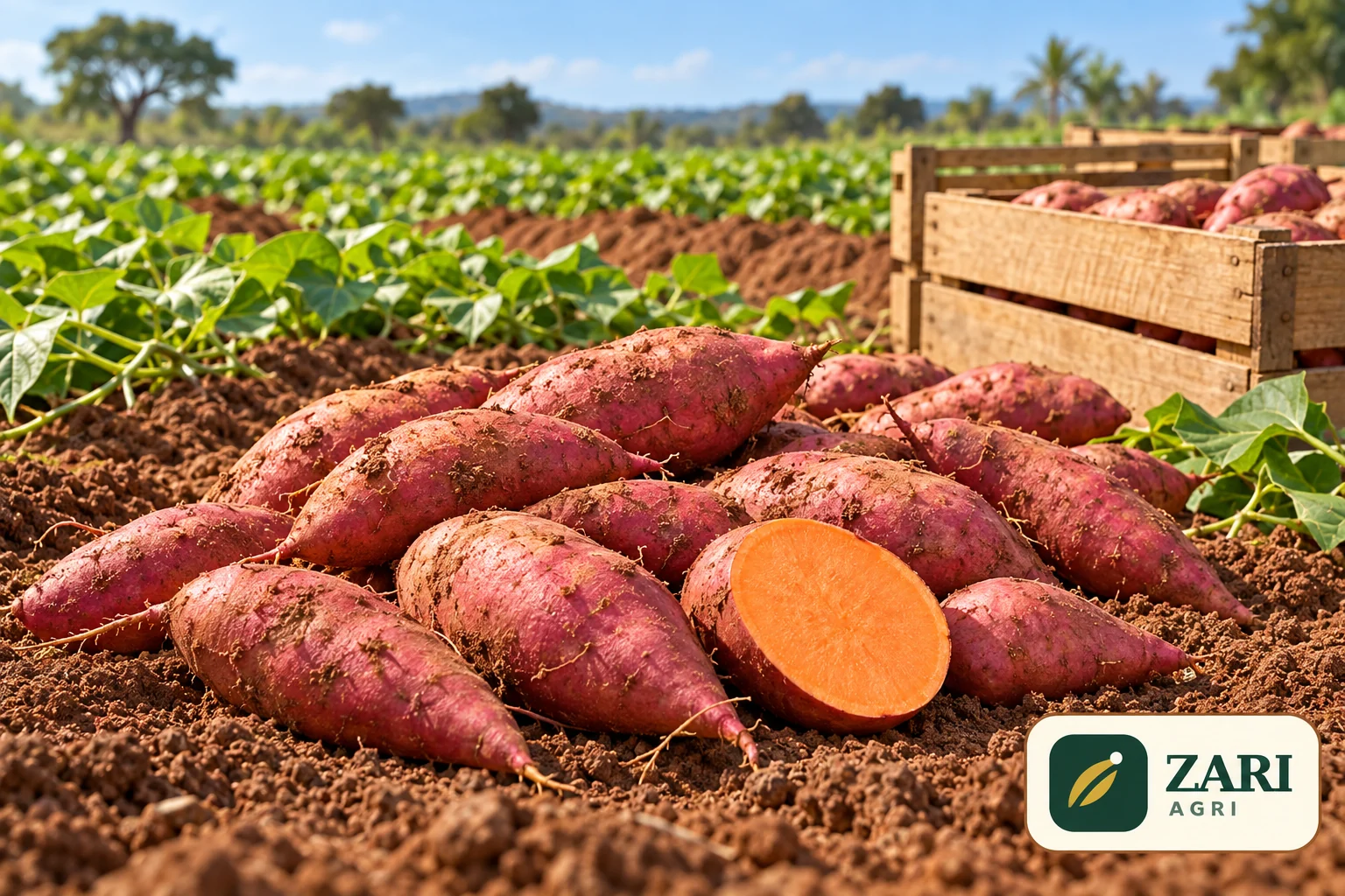 ZARI AGRI logolu tatlı patates ve yetiştirme sırtları görseli.